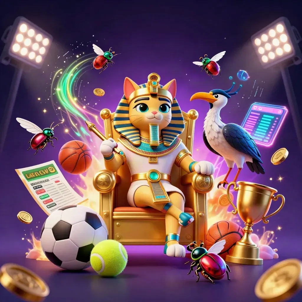 Pharaoh cat, ibis, and scarabs amid flying sports balls, coins, and casino glow.