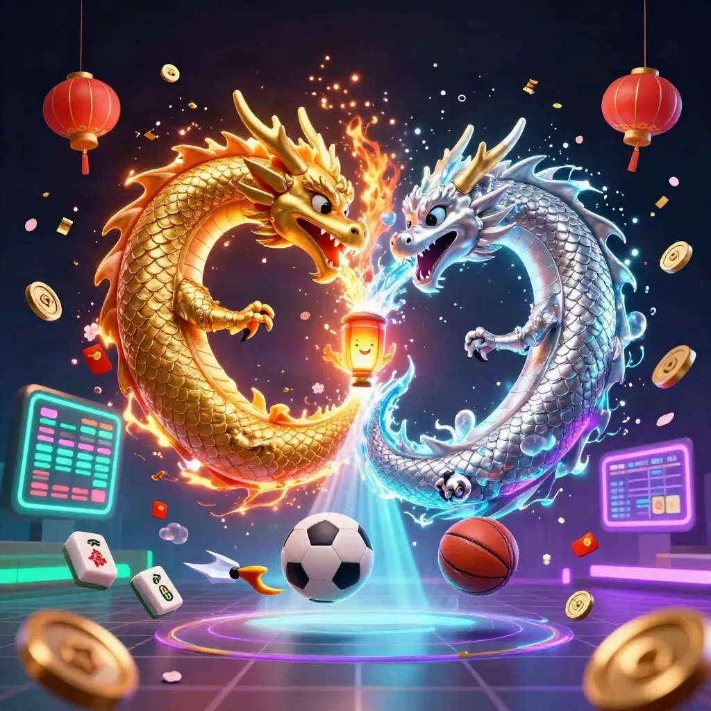 Twin gold and silver dragons in a blazing yin-yang with sports balls and neon casino effects.