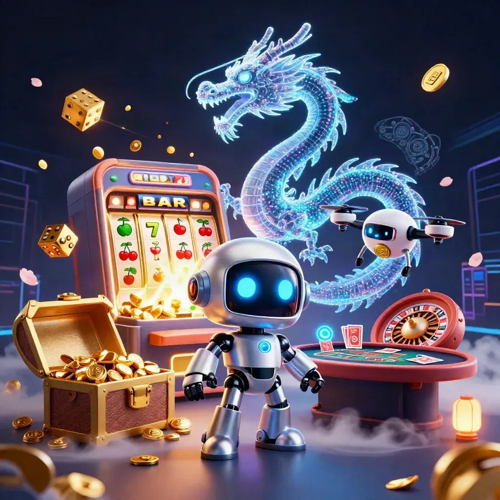 Cyberpunk robot, holographic dragon, and drone amid casino symbols, gold, fog, and neon light