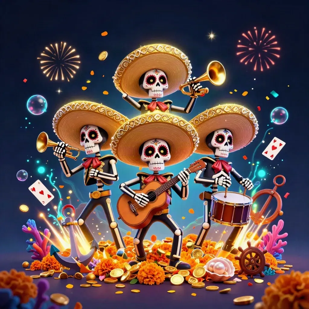 Skeleton mariachi trio in a glowing underwater treasure cove with coins, coral, and confetti.