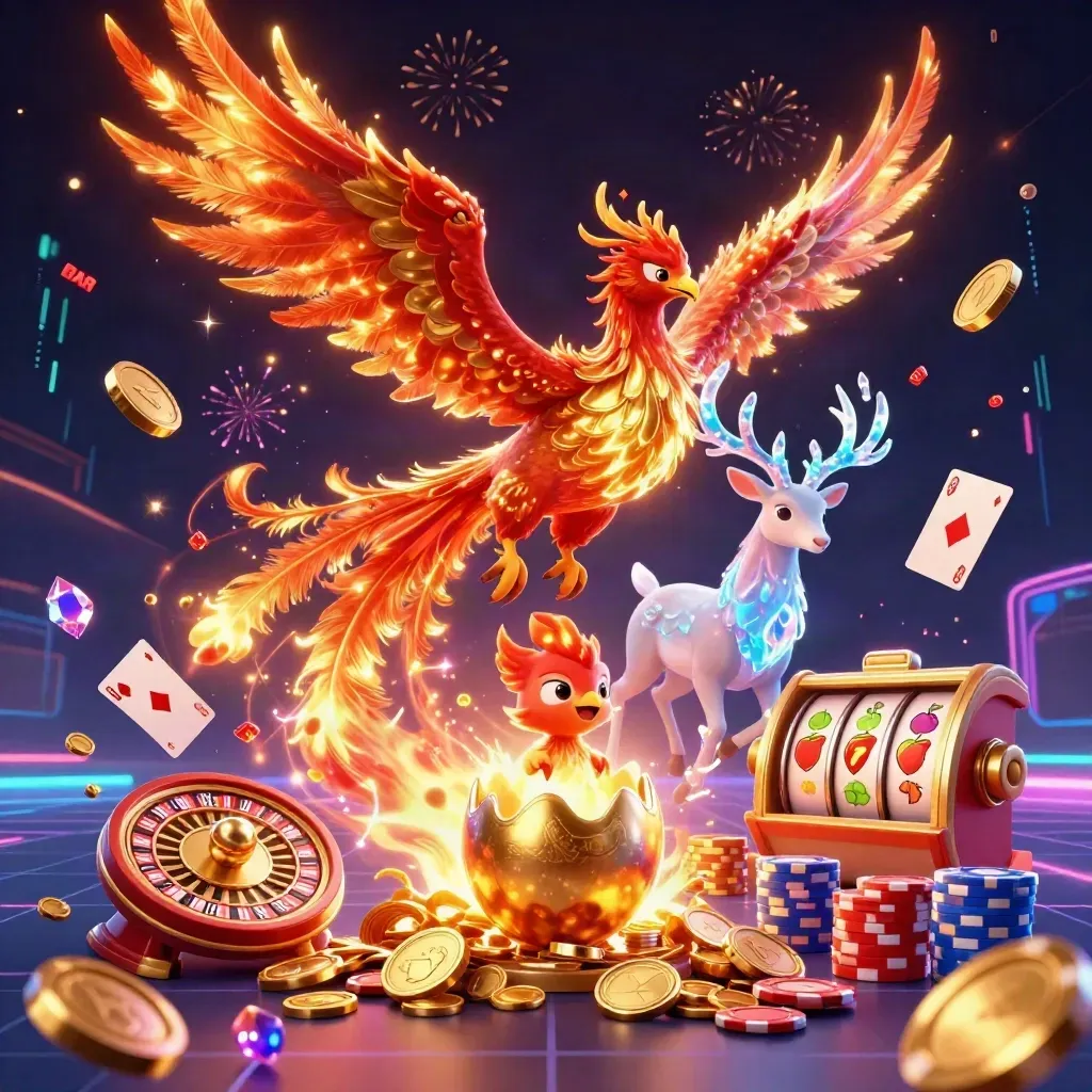 Phoenix, baby phoenix, and crystalline stag amid coins, chips, cards, and neon casino glow.