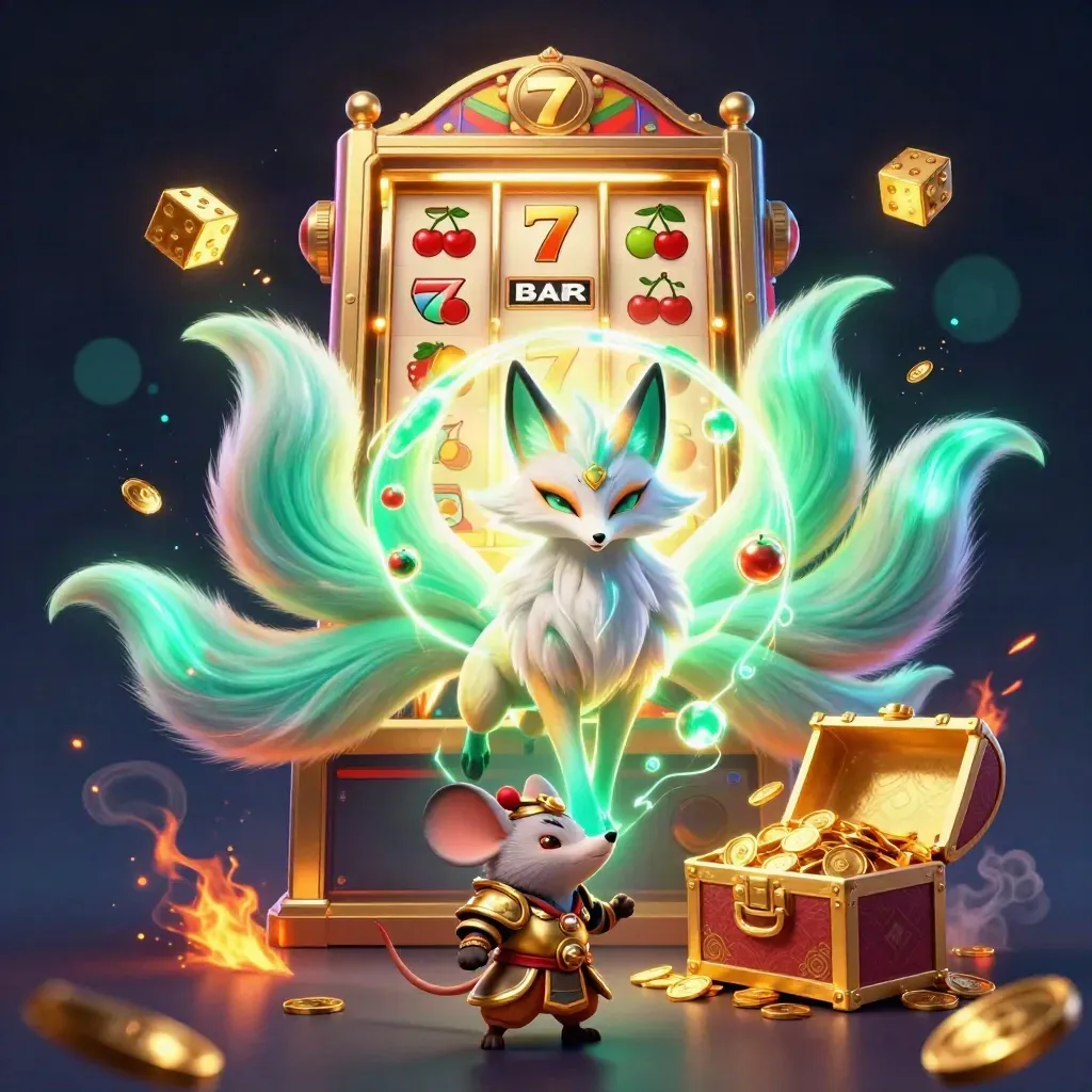 Neon fox spirit and armored mouse amid jackpot slot burst, gold dice, treasure, and glowing casino energy.