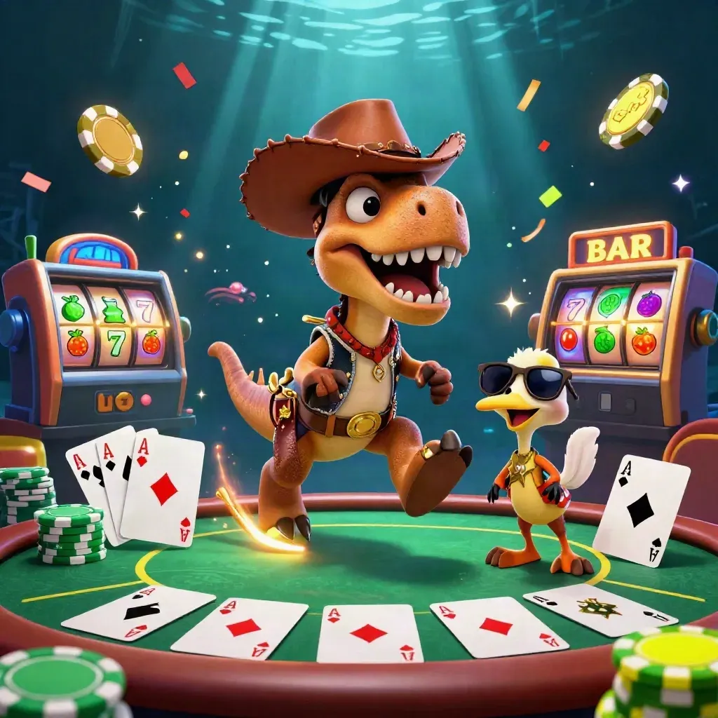 Cowboy T-Rex, cactus sidekick, and roadrunner amid casino chips, cards, reels, and confetti.